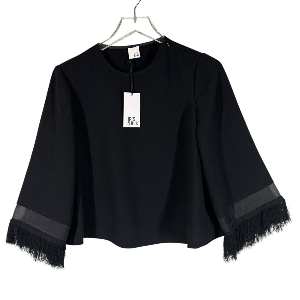 IRIS & INK Women's 6 Black Boxy Fit Cropped Crewneck Blouse with Sheer & Fringe